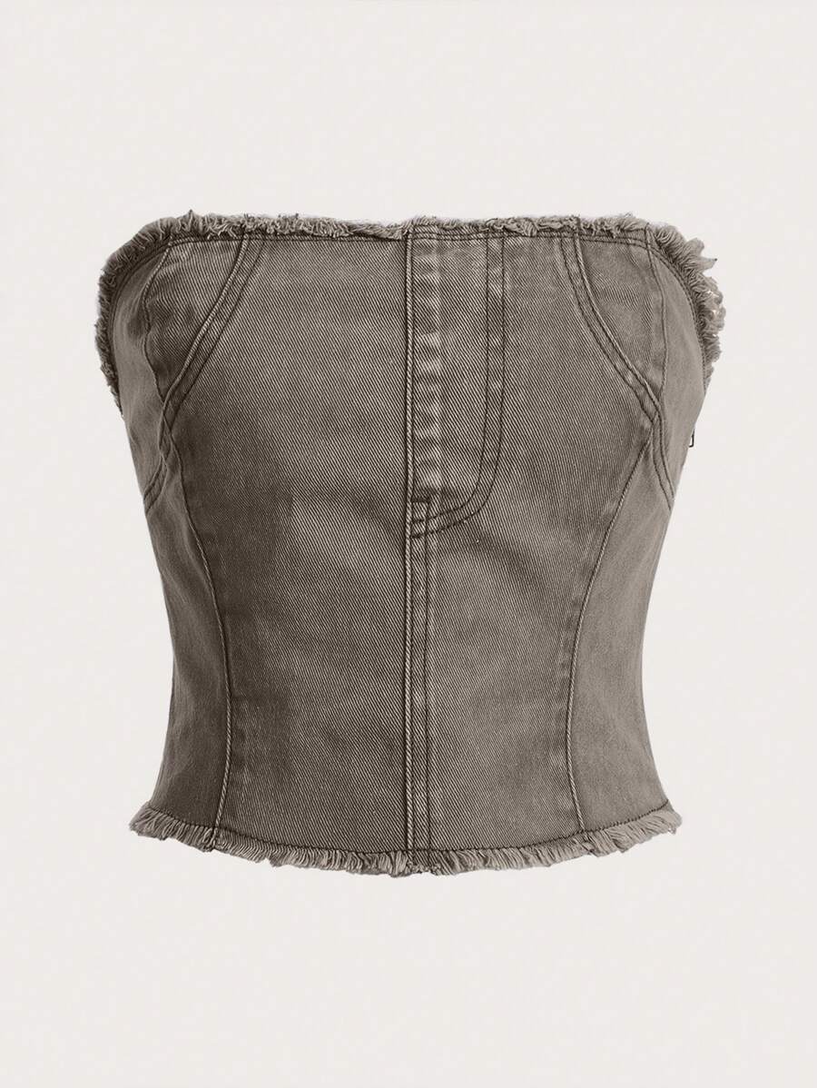 SHEIN ICON Frilled Denim Strapless Top - Brown - View 1