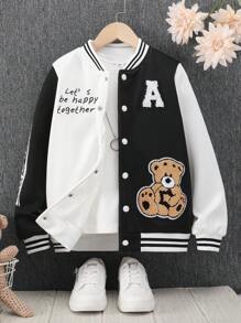 SHEIN 少女字母和泰迪棒球夾克 - 黑與白 - 查看 1