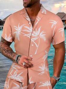 Manfinity RSRT Men's Pink Coconut Tree Print Single-breasted Short-sleeved Shirt (printed Randomly) - Coral Pink - View 1