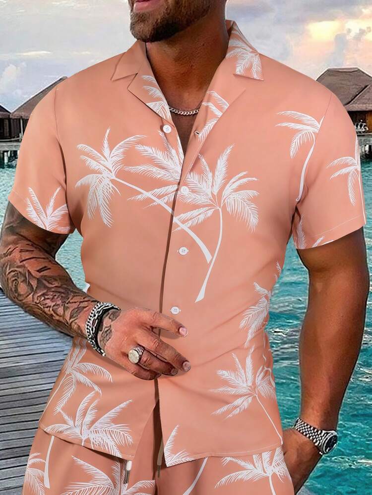 Manfinity RSRT Men's Pink Coconut Tree Print Single-breasted Short-sleeved Shirt (printed Randomly) - Coral Pink - View 1