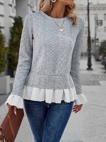 SHEIN Essnce 女士拼接喇叭袖圓領運動衫 - 灰色 - 查看 3