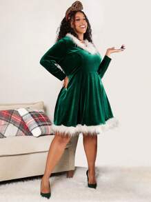 SHEIN CURVE+ Giáng sinh Hơn Trang trí Fuzzy Nhung Đầm - màu xanh lá - Xem 3