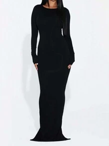純色長袖及地連身裙 2024 春季新年派對連身裙 - 黑色 - 查看 1