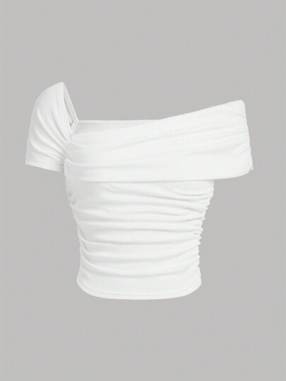 SHEIN Girlism Teenage Girls' Knitted Ribbed Asymmetrical Collar Ruched Casual T-Shirt