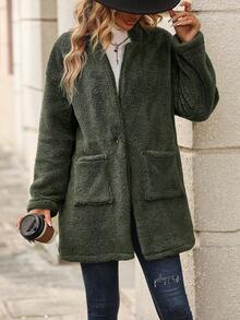 SHEIN Clasi Dual Pocket Drop Shoulder Teddy Coat - Army Green - View 3