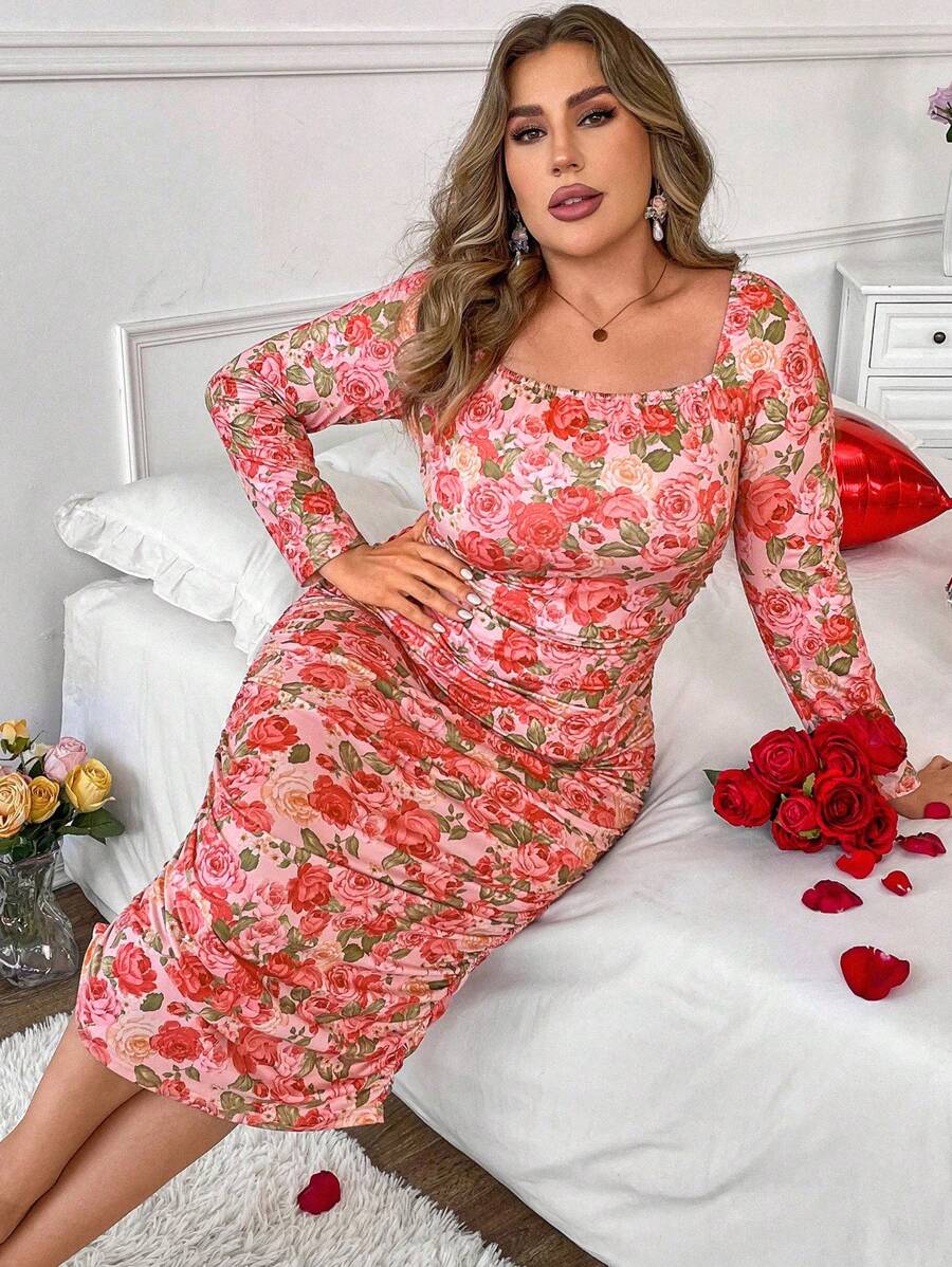 Franclia 大尺碼花卉圖案荷葉邊下擺修身長袖連身裙 - 彩色 - 查看 1