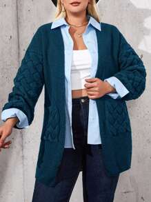 SHEIN Cottnline Plus Size Drop Shoulder Double Pocket Cardigan - Dusty Blue - View 6