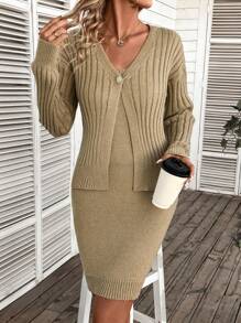 SHEIN LUNE Camisole Sweater Dress And Cardigan Sweater 2pcs/set - Khaki - View 6