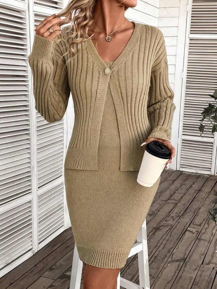 Camisole Sweater Dress And Cardigan Sweater 2pcs/set