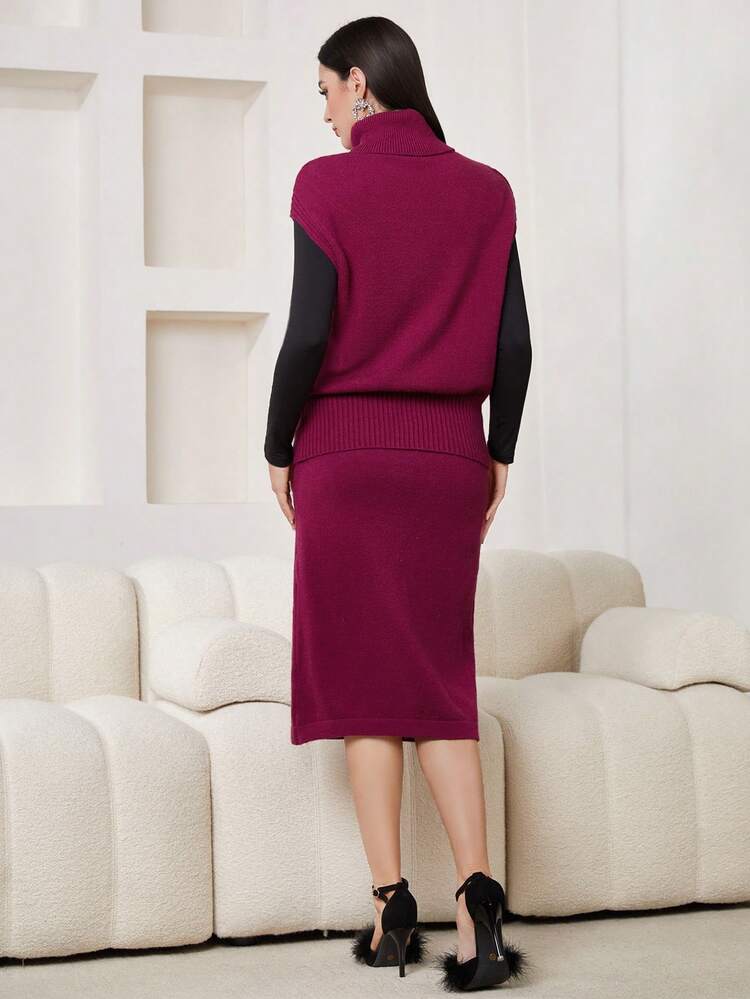 Solid Turtleneck Sweater Vest And Knitted Skirt Two-Piece Set 2 Piece Set