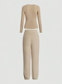 SHEIN LUNE Women'S Solid Color Rib-Knit Sweater And Furry Pants Set Fall Cloth For Women - Apricot - View 2