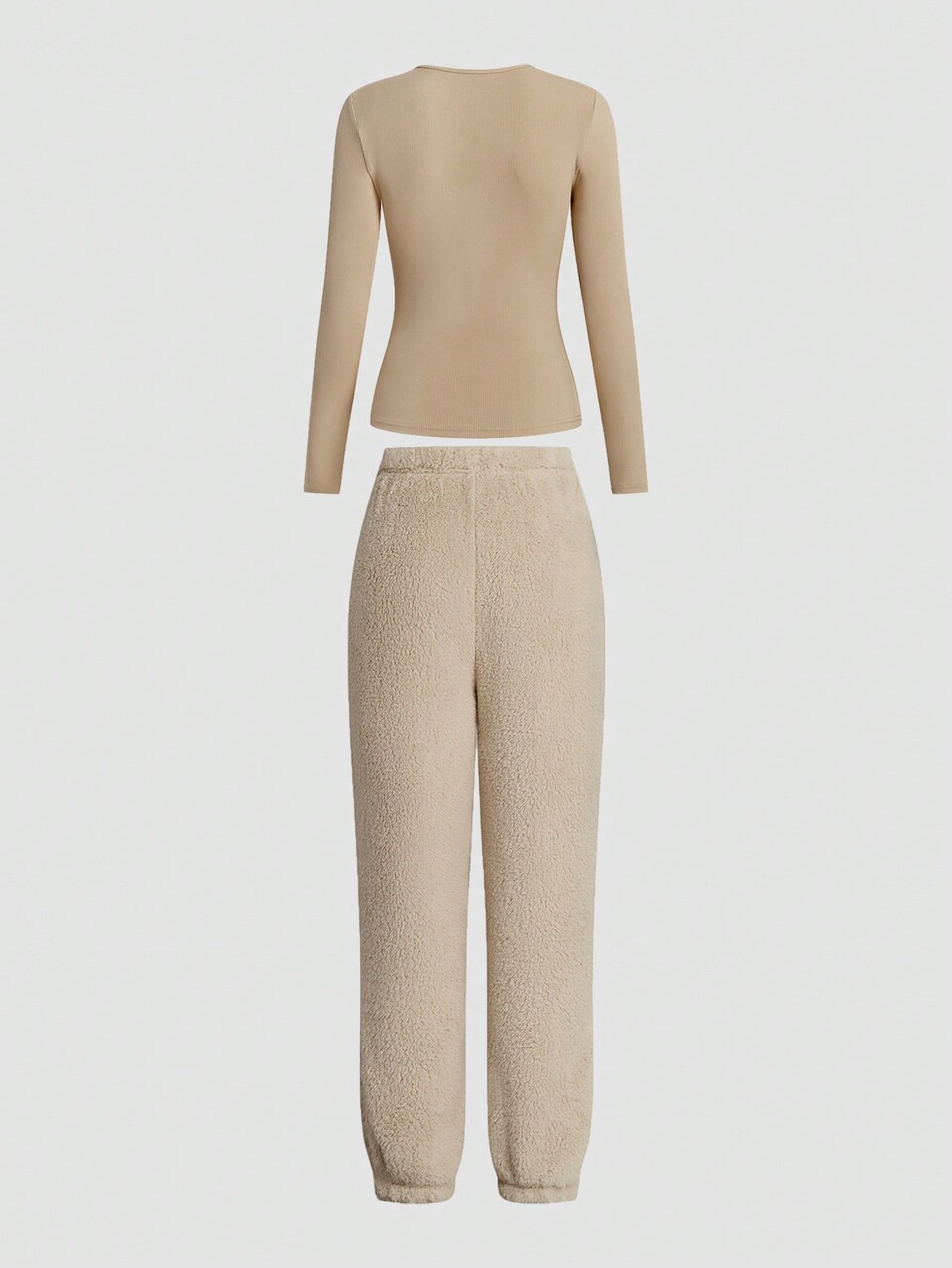 Women'S Solid Color Rib-Knit Sweater And Furry Pants Set Fall Cloth For Women