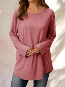 SHEIN LUNE Màu thuần Tay Raglan Áo thun - Hồng - Xem 4