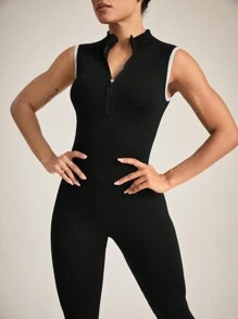 SHEIN Sport Studio Zipper Closure Stand Collar Sleeveless Sports Jumpsuit Full Jumpsuit