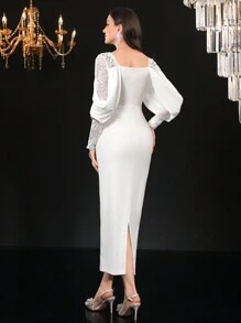 Modelyn Vestido De Encaje Con Parche Estrecho Para Mujer - Blanco - Ver 2