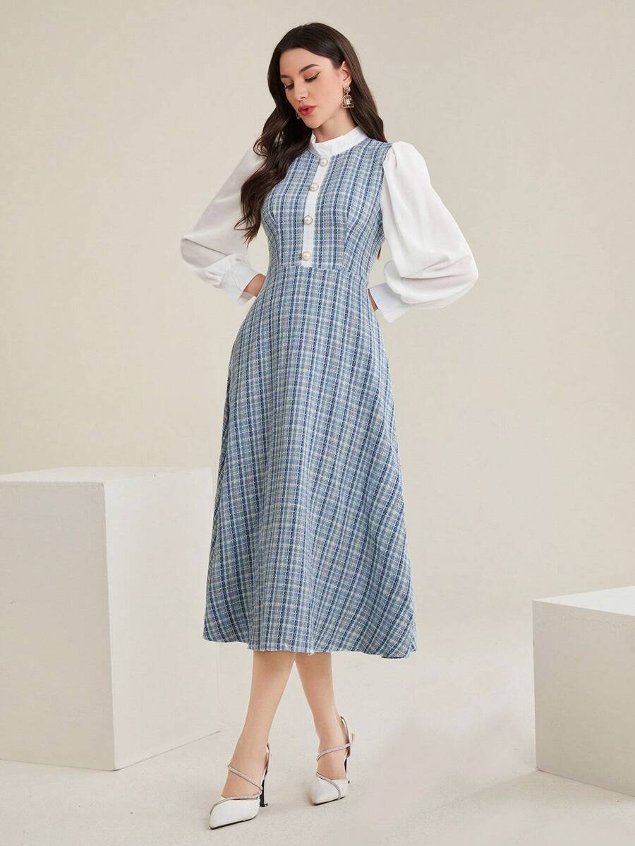 Modelyn 女式立领格子灯笼袖连衣裙超长款女装长款晚礼服女式秋季服装 - 藍色 - 查看 1