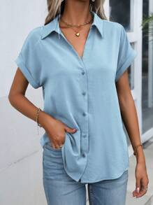 SHEIN LUNE Solid Color Button Front Batwing Sleeve Shirt - Baby Blue - View 6