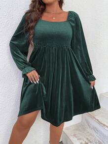 SHEIN Clasi 加大尺碼天鵝絨面板擴管袖洋裝 - 墨綠色 - 查看 1