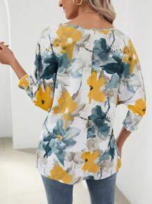 SHEIN LUNE 花朵圖案蝙蝠袖襯衫 - 黃色 - 查看 2