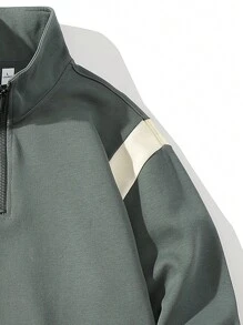 Men Contrast Panel Quarter Zip Sweatshirt - Green - View 5
