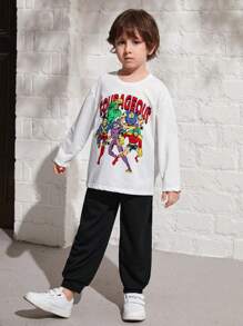 SHEIN Kleine Jungen Lässig set aus Langarm Top mit Cartoon Muster und einfarbiger Hose, Fleece, verdickt - Weiss - Übersicht 4