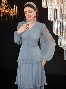 Modelyn Váy xếp ly nhiều lớp tay đèn lồng cho nữ, váy maxi dự tiệc tối thanh lịch - Màu xanh lam - Xem 1