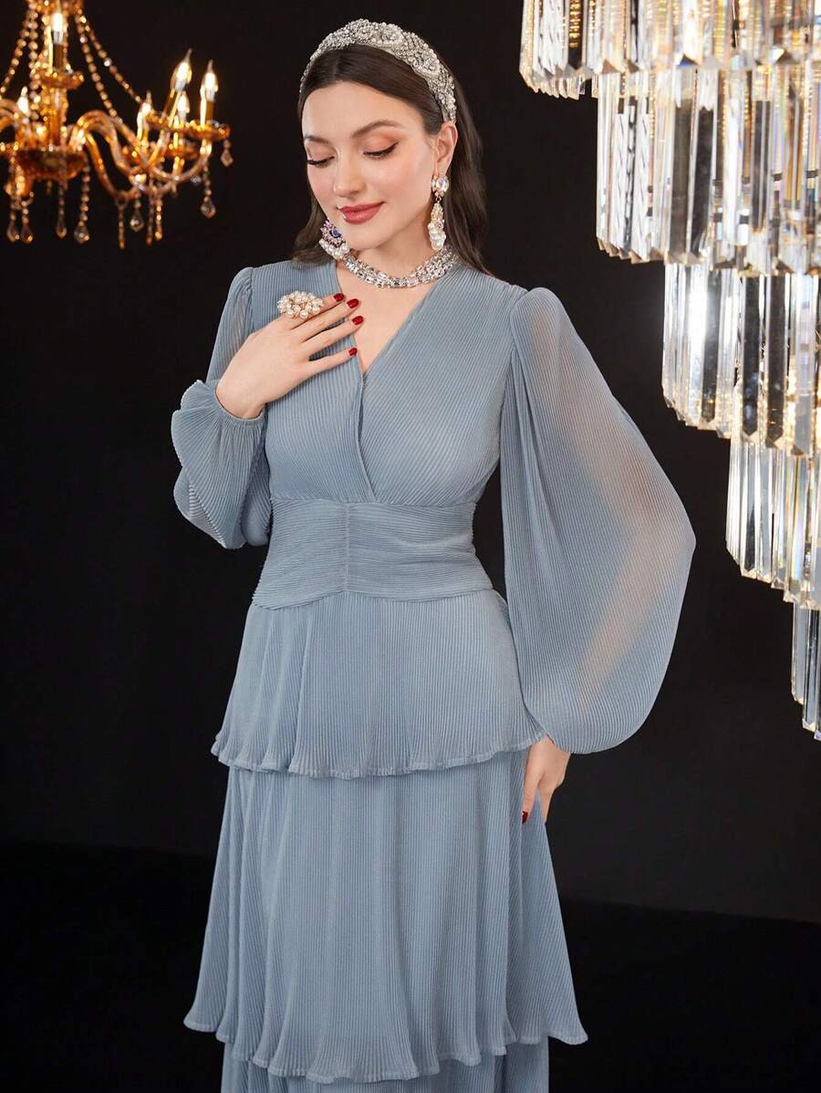 Modelyn Váy xếp ly nhiều lớp tay đèn lồng cho nữ, váy maxi dự tiệc tối thanh lịch - Màu xanh lam - Xem 1