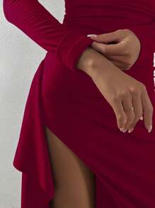 Chiquease Asymmetric Neckline High Slit Hem Dress - Burgundy - View 6