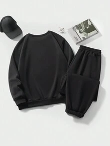 Maweii 大尺碼女士2入組口號印花圓領運動衫和運動褲 - 黑色 - 查看 2