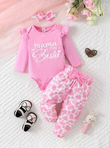 Baby Girls' Letter Printed Bodysuit With Cow Pattern Pants Set - Hot Pink - View 1
