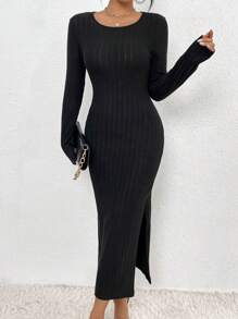 SHEIN Unity Solid Color Ribbed Knit High Slit Dress For Women - Black - View 6
