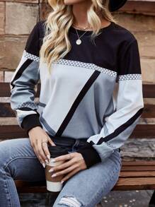 SHEIN LUNE 顏色拼接休閒連帽衫,圓領款式 - 彩色 - 查看 5