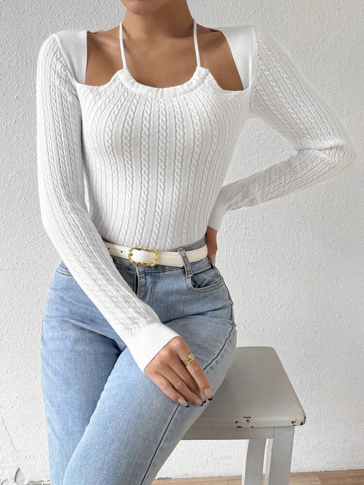Solid Color Halter Tied Knit Pullover Fall Winter Sweater
