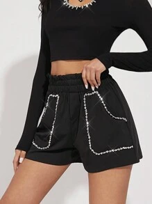 Hauture Elastic Waist Rhinestone Trim Front Pocket Shorts - Black - View 1