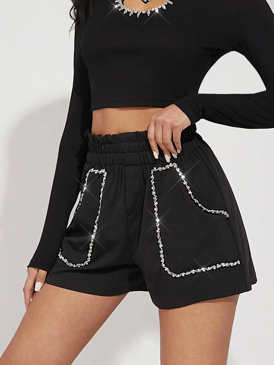 Hauture Elastic Waist Rhinestone Trim Front Pocket Shorts - Black - View 1