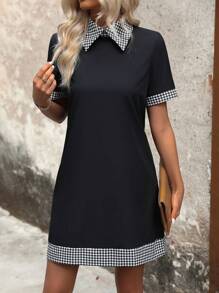 SHEIN LUNE 千鳥格拼布連身裙 - 黑色 - 查看 1