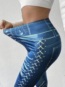 SHEIN Unity 女式牛仔效果打底褲 - 藍色 - 查看 6