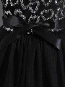 女孩閃亮網紗心形亮片連衣裙,適合演出、婚禮、晚會、生日等場合 - 黑色 - 查看 5