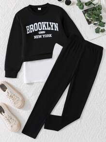 SHEIN Tween 女孩休閒街頭字母拼布 2 合 1 運動衫和騎行褲套裝 - 彩色 - 查看 1