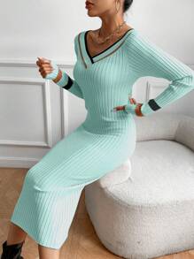 SHEIN Essnce Solid V-Neck Long Sleeve Sweater Dress - Mint Green - View 4