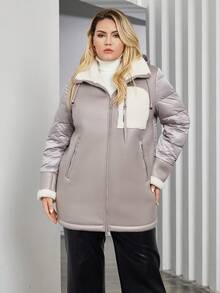 女士加大碼拼色連帽小熊外套,帶填充物 - 駝色 - 查看 4
