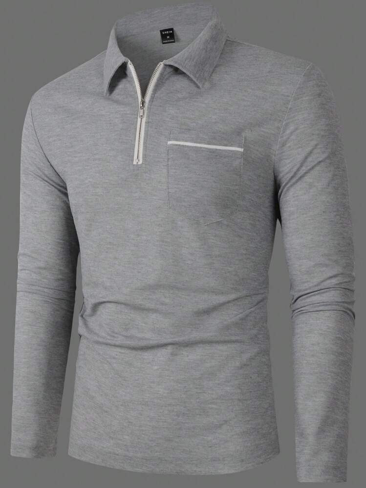 Manfinity Homme Camisa polo de hombre con media cremallera y borde de parche, otoño, manga larga - Gris - Añade 4