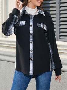 SHEIN LUNE Phù hợp thường Kẻ sọc Vá lại Dệt kim Waff Lưới Áo khoác - Đen và trắng - Xem 4