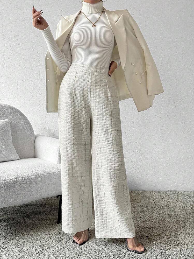 Chiquease Pantalones de pierna ancha a cuadros para mujer - Blanco - Añade 5