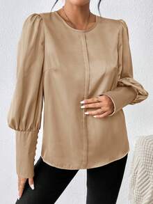 SHEIN Clasi Chất rắn Tay áo Đèn lồng Xa ten Áo sơ mi - Rượu sâm banh - Xem 6
