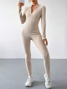 SHEIN EZwear 拉鍊設計的鬆緊針織連身衣跳躍套裝 - 杏色 - 查看 4
