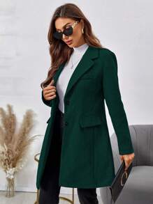SHEIN Clasi Women's Solid Color Single Breasted Woolen Coat - Dark Green - View 4