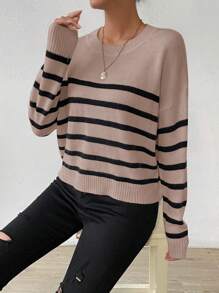 SHEIN Frenchy Của phụ nữ Sọc Thả vai Áo len - Màu Khaki - Xem 1