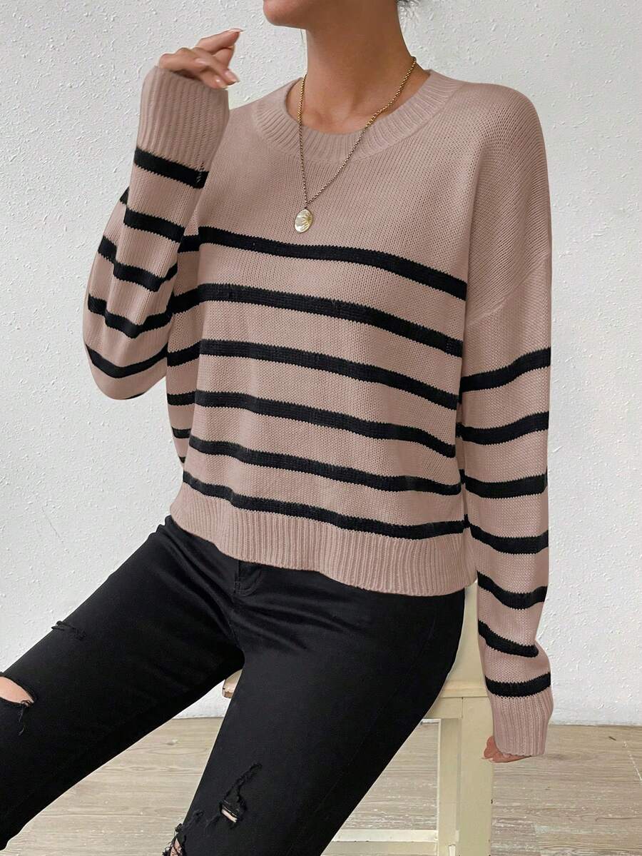 SHEIN Frenchy Của phụ nữ Sọc Thả vai Áo len - Màu Khaki - Xem 1