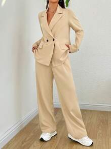 SHEIN EZwear 女款 V 領背心與米色西裝套裝 - 杏色 - 查看 3